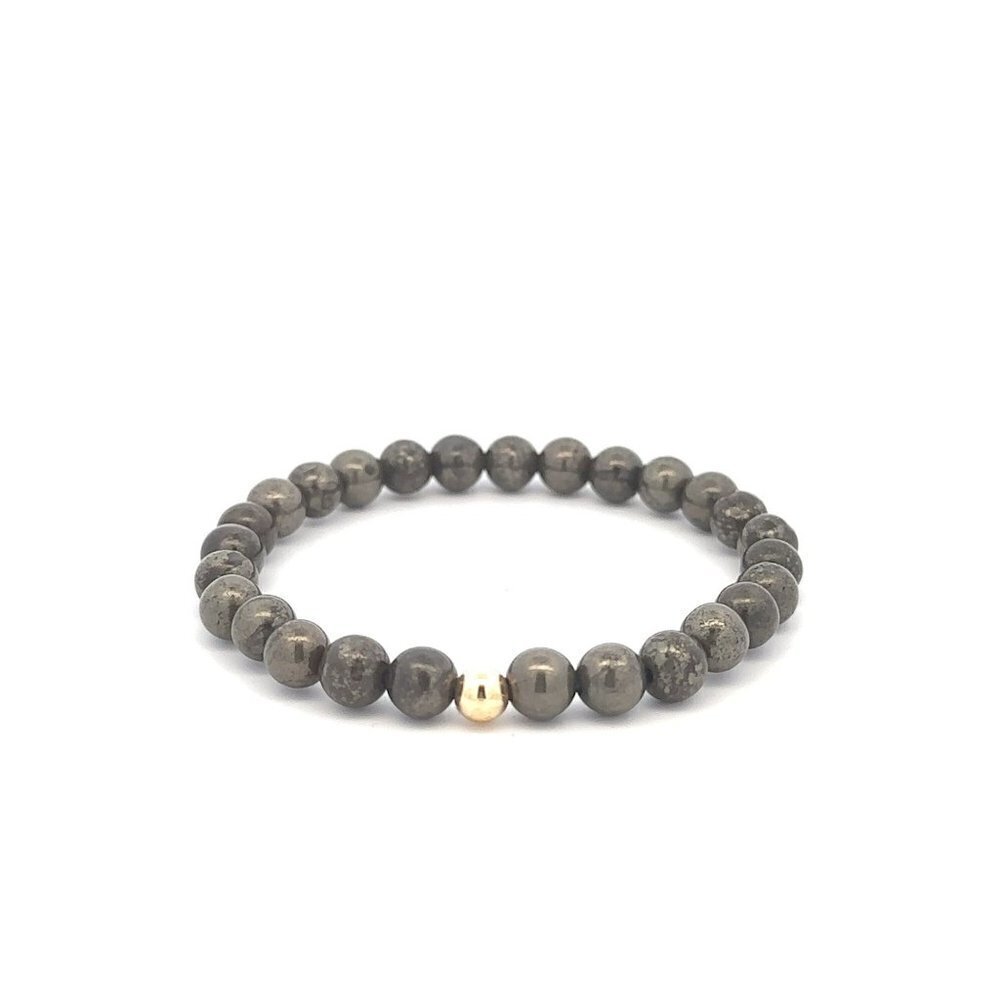Natural Pyrite 6mm Stretchable Bracelet 18k Gold Bead Charm